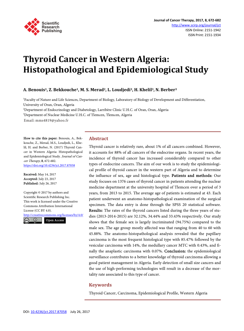 Pdf Thyroid Cancer In Western Algeria Histopathological And Epidemiological Study