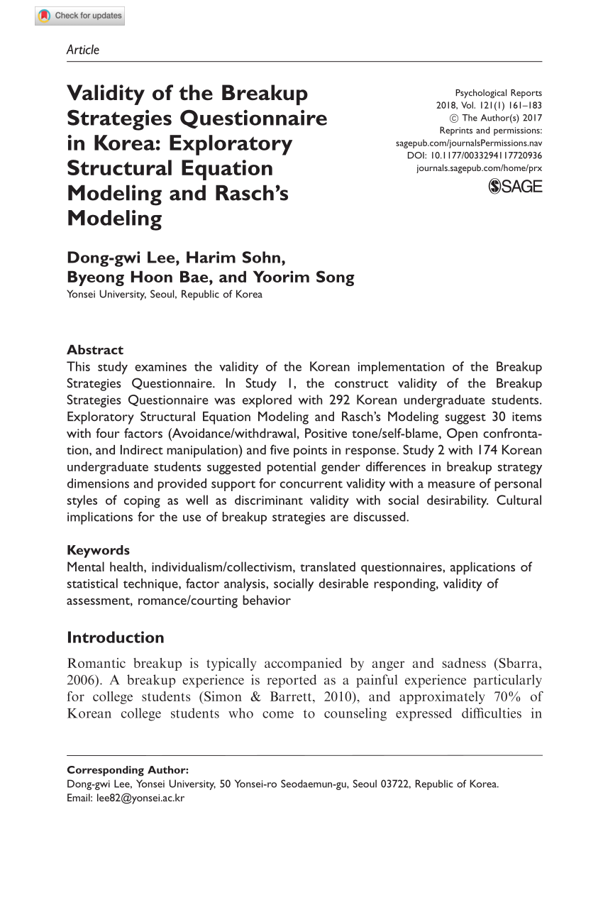 PDF) Validity of the Breakup Strategies Questionnaire in Korea: Exploratory  Structural Equation Modeling and Rasch's Modeling