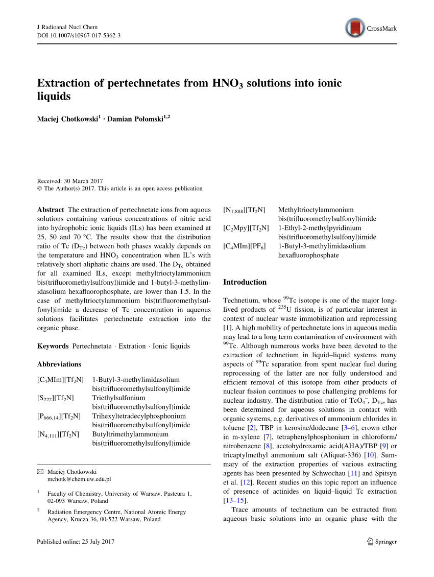 Pdf Extraction Of Pertechnetates From Hno3 Solutions Into Ionic Liquids