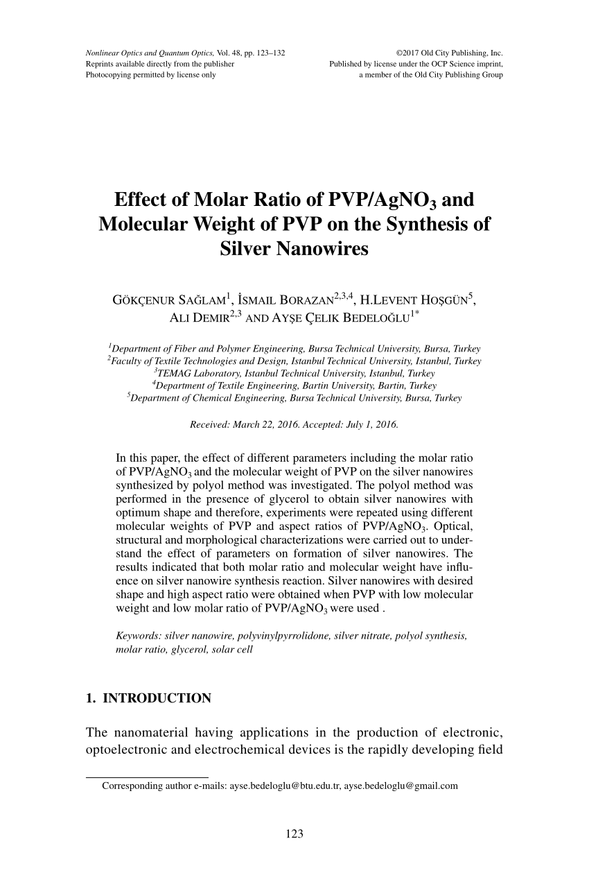 Pdf Effect Of Molar Ratio Of Pvp Agno3 And Molecular Weight Of Pvp On The Synthesis Of Silver Nanowires