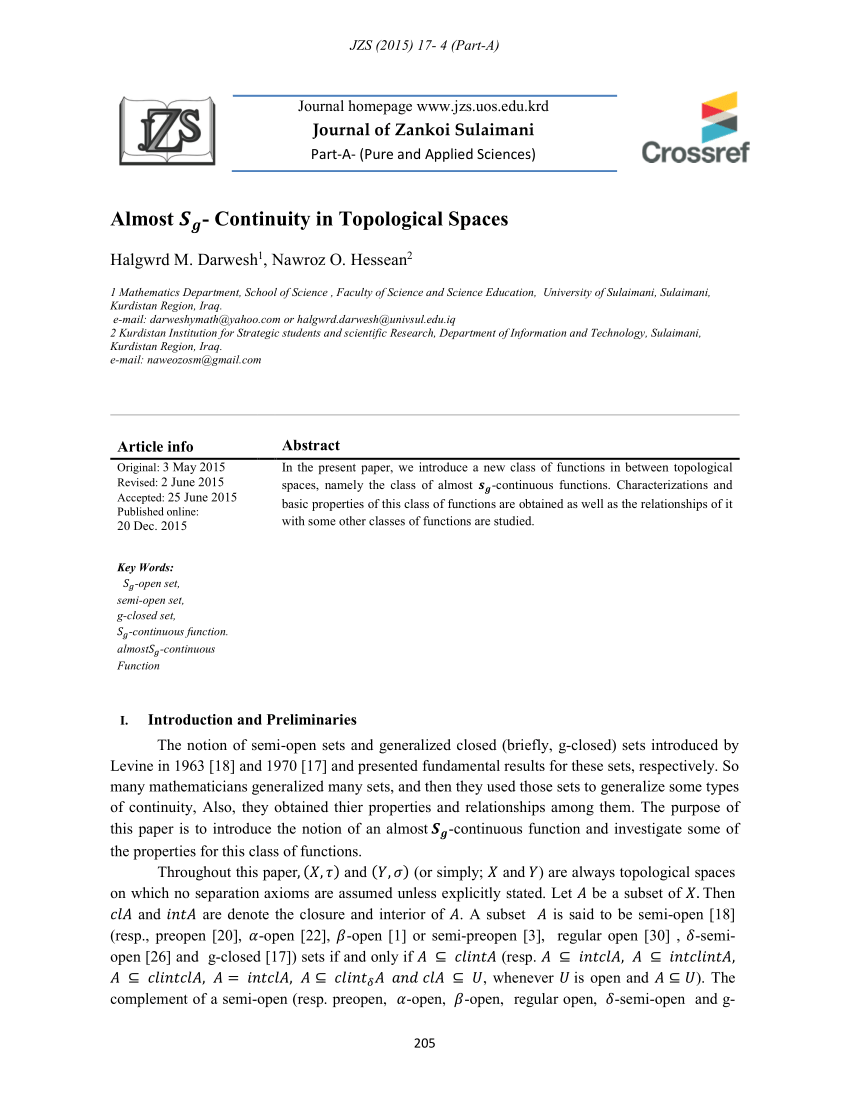 Pdf Almost Sg Continuity In Topological Spaces