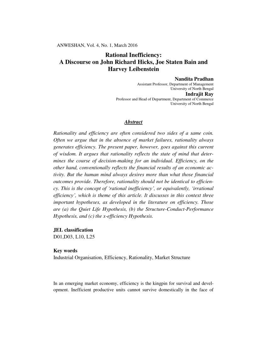 (PDF) Rational Inefficiency: A Discourse on John Richard Hicks, Joe ...