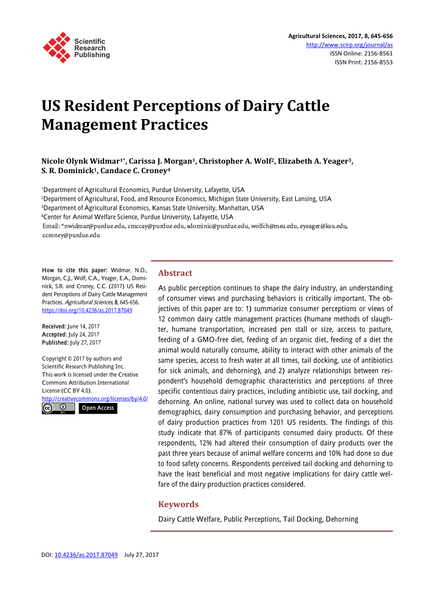 (PDF) US Resident Perceptions of Dairy Cattle Management Practices