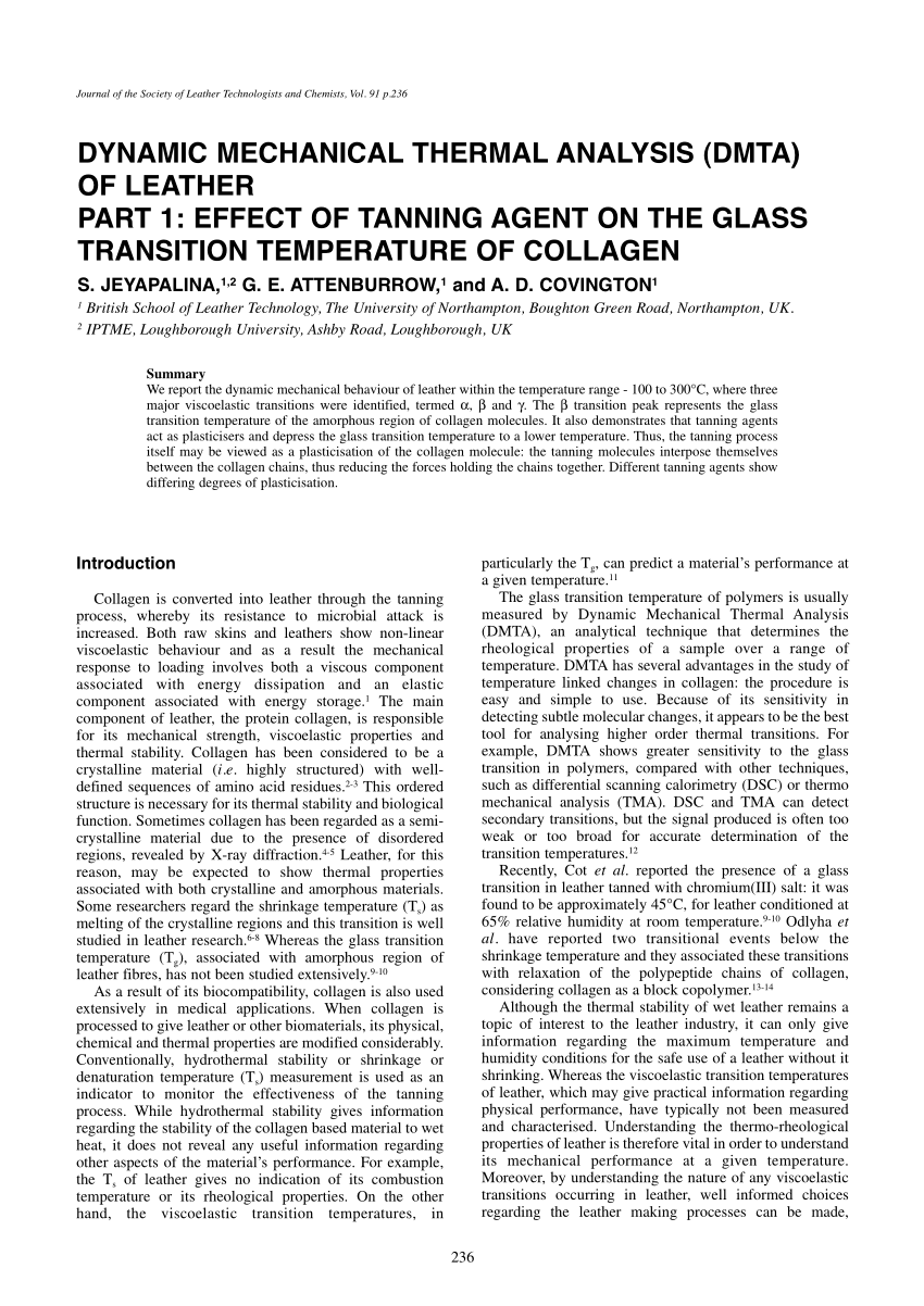 PDF) Dynamic Mechanical Thermal Analysis (DMTA) of leather - Part 1: Effect  of tanning agent on the glass transition temperature of collagen