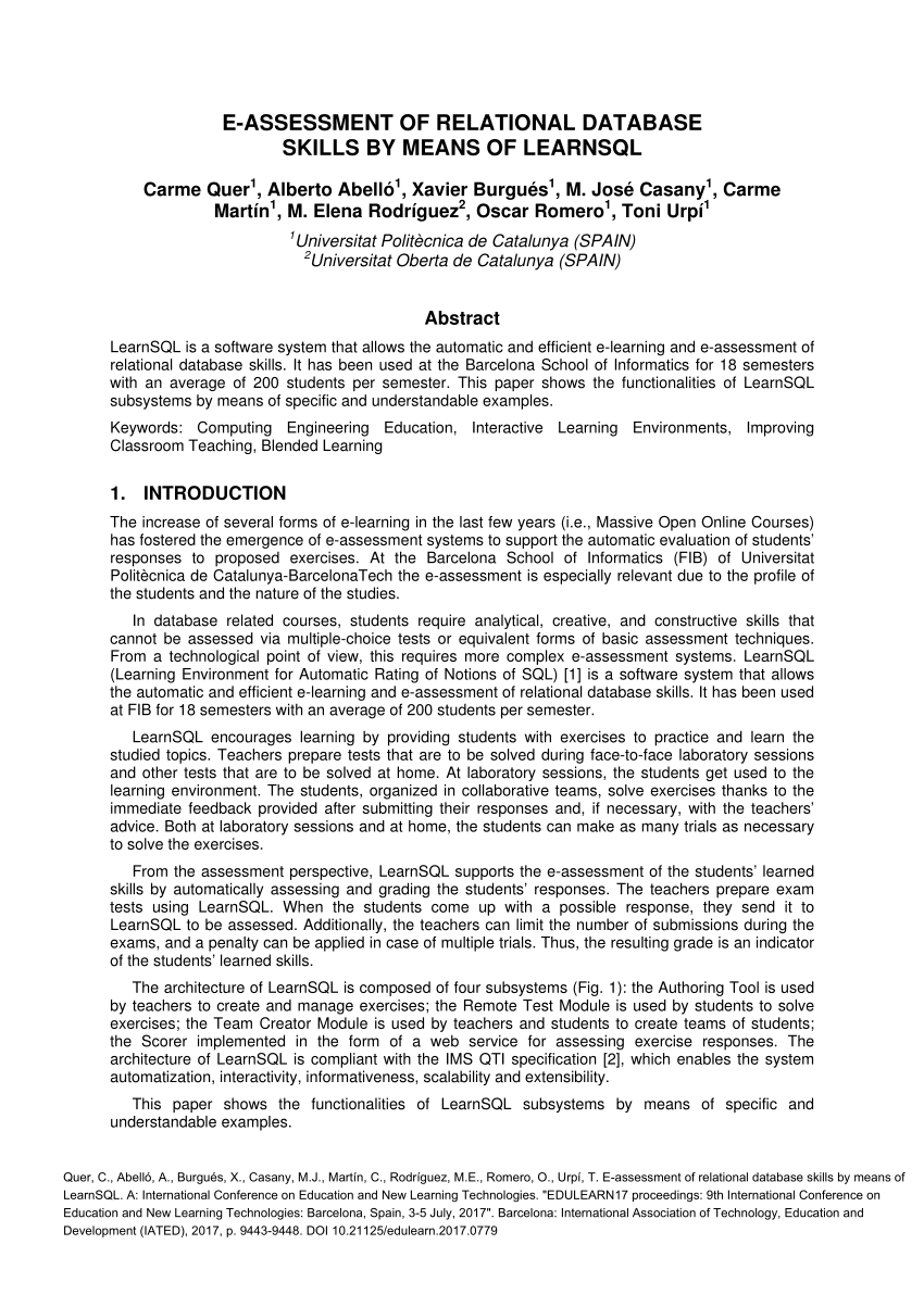 Pdf E Assessment Of Relational Database Skills By Means Of Learnsql