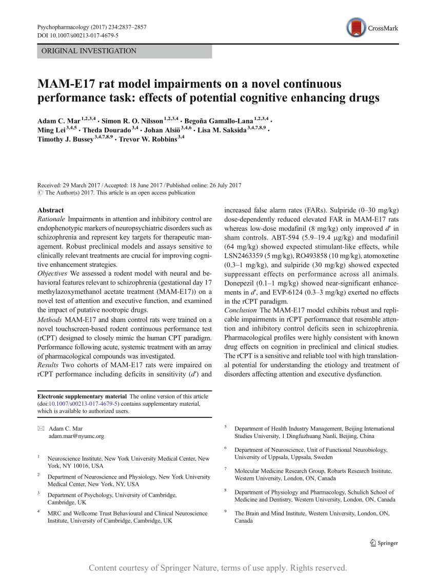 PDF) MAM-E17 rat model impairments on a novel continuous performance task:  effects of potential cognitive enhancing drugs