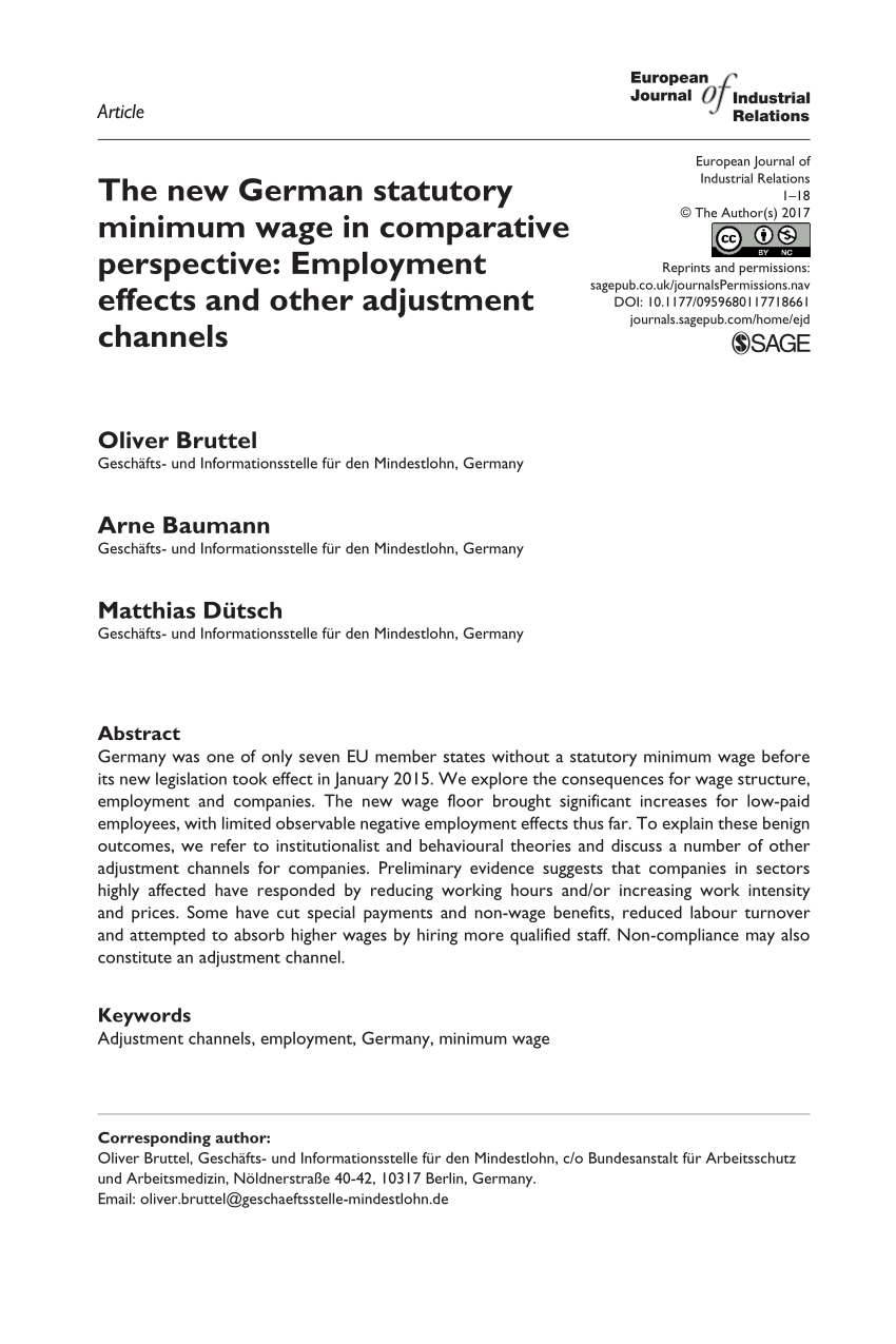 Pdf The New German Statutory Minimum Wage In Comparative Perspective Employment Effects And Other Adjustment Channels