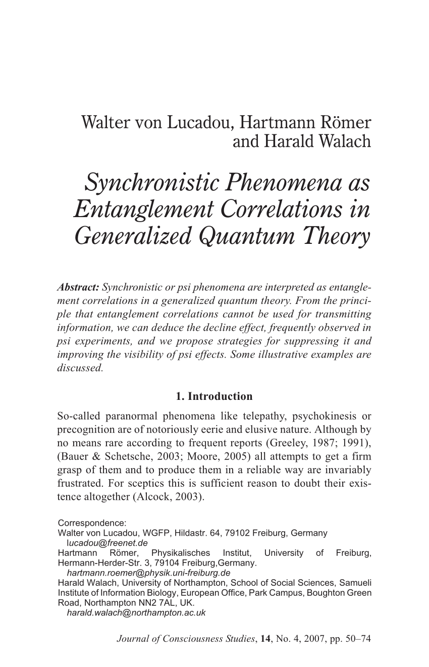 Pdf Synchronistic Phenomena As Entanglement Correlations In Generalized Quantum Theory
