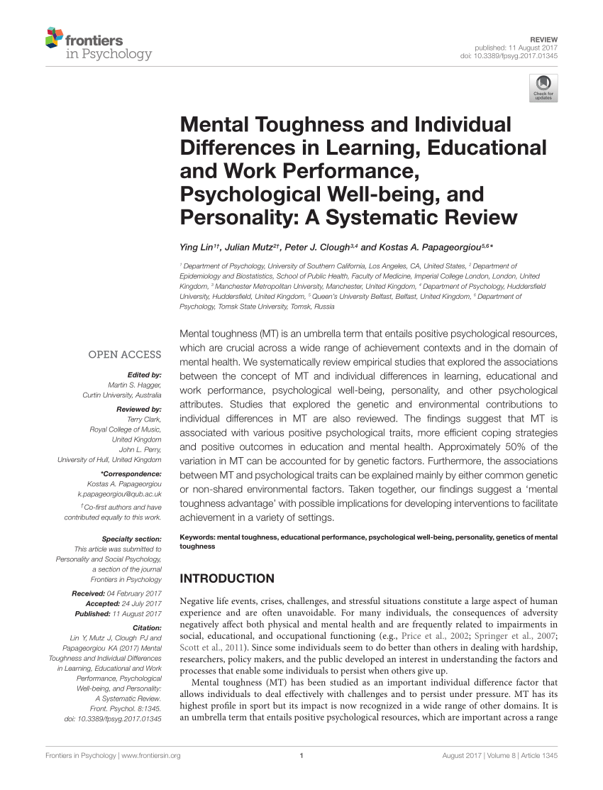 PDF) Mental Toughness and Individual Differences in Learning, Educational Work Performance, Psychological Well-being, and Systematic Review