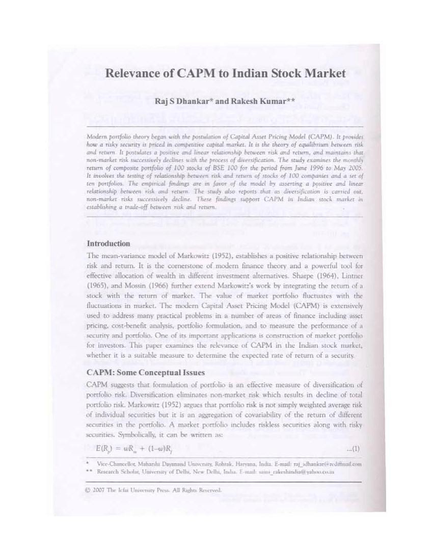 (PDF) Relevance of CAPM to Indian Stock Market