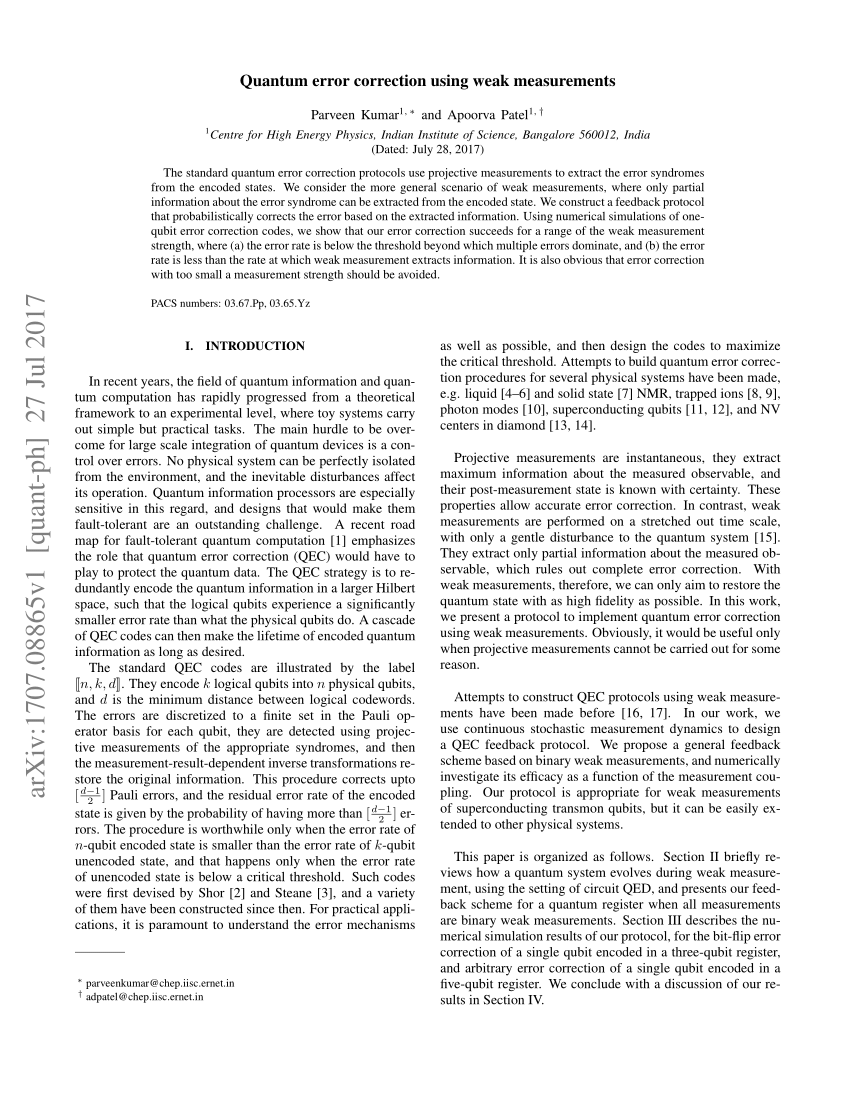 Pdf Quantum Error Correction Using Weak Measurements 9279