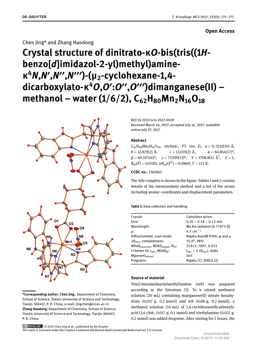 Pdf Crystal Structure Of Dinitrato Ko Bis Tris 1h Benzo D Imidazol 2 Yl Methyl Amine K4n N N N M2 Cyclohexane 1 4 Dicarboxylato K4o O O O Dimanganese Ii Methanol Water 1 6 2 C62h80mn2n16o18