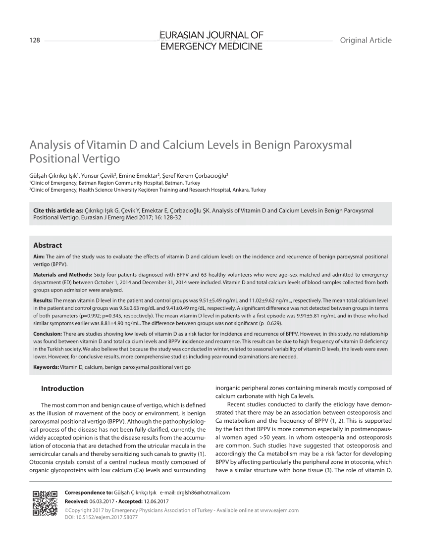 PDF) Impaired Calcium Metabolism in Benign Paroxysmal Positional Vertigo: A  Topical Review