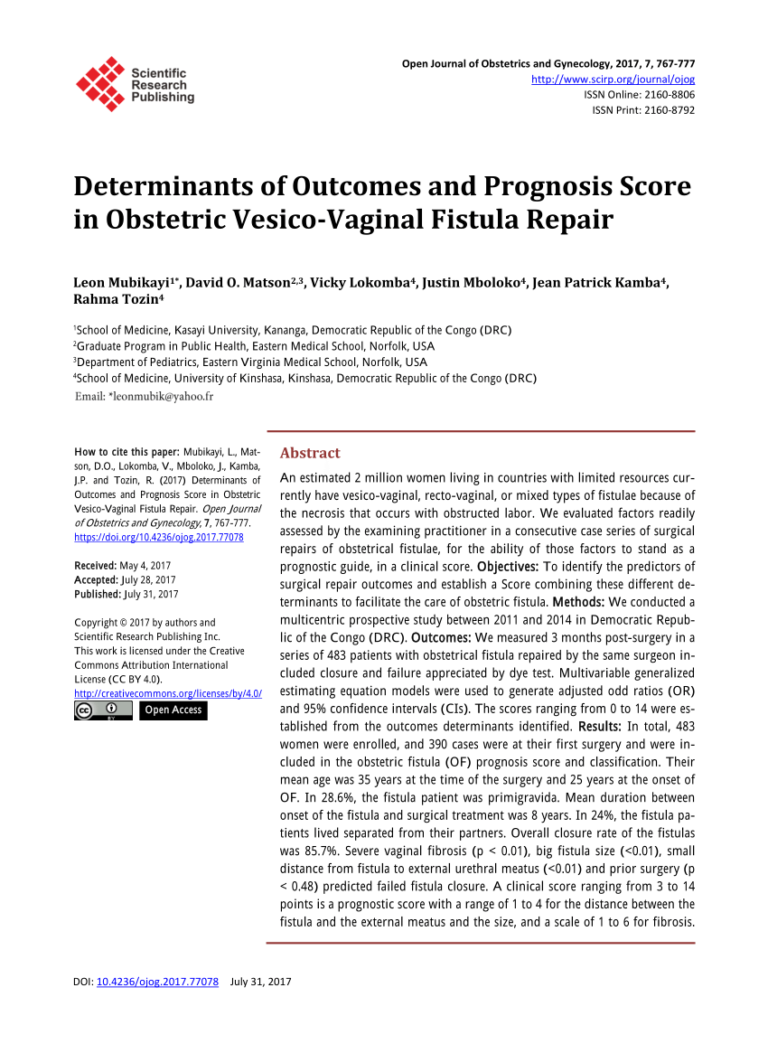 Pdf Determinants Of Outcomes And Prognosis Score In Obstetric Vesico Vaginal Fistula Repair 