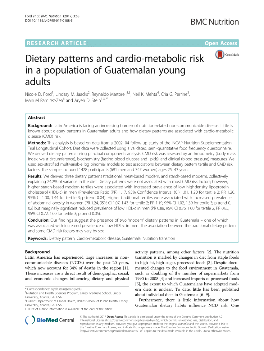 PDF) Dietary Patterns and Cardio-metabolic Risk in a Population of  Guatemalan Young Adults