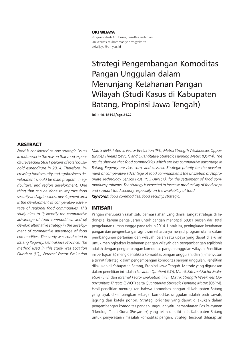 Pdf Strategi Pengembangan Komoditas Pangan Unggulan Dalam Menunjang Ketahanan Pangan Wilayah Studi Kasus Di Kabupaten Batang Propinsi Jawa Tengah