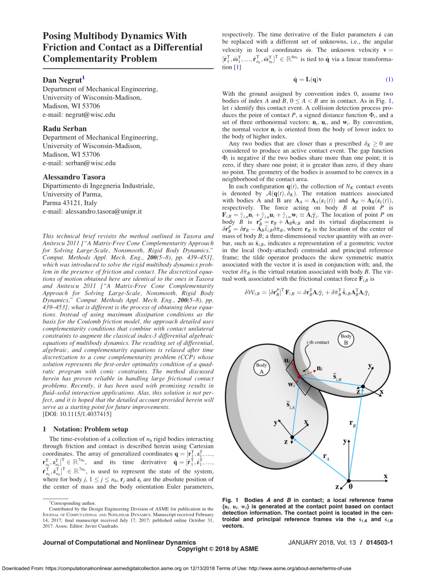 Pdf Posing Multibody Dynamics With Friction And Contact As A Differential Complementarity Problem