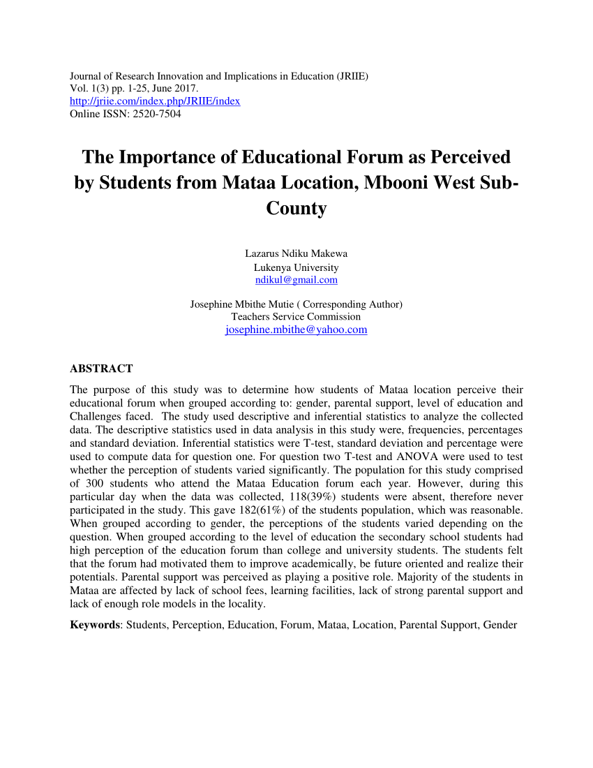 Pdf The Importance Of Educational Forum As Perceived By Students From Mataa Location Mbooni West Sub County