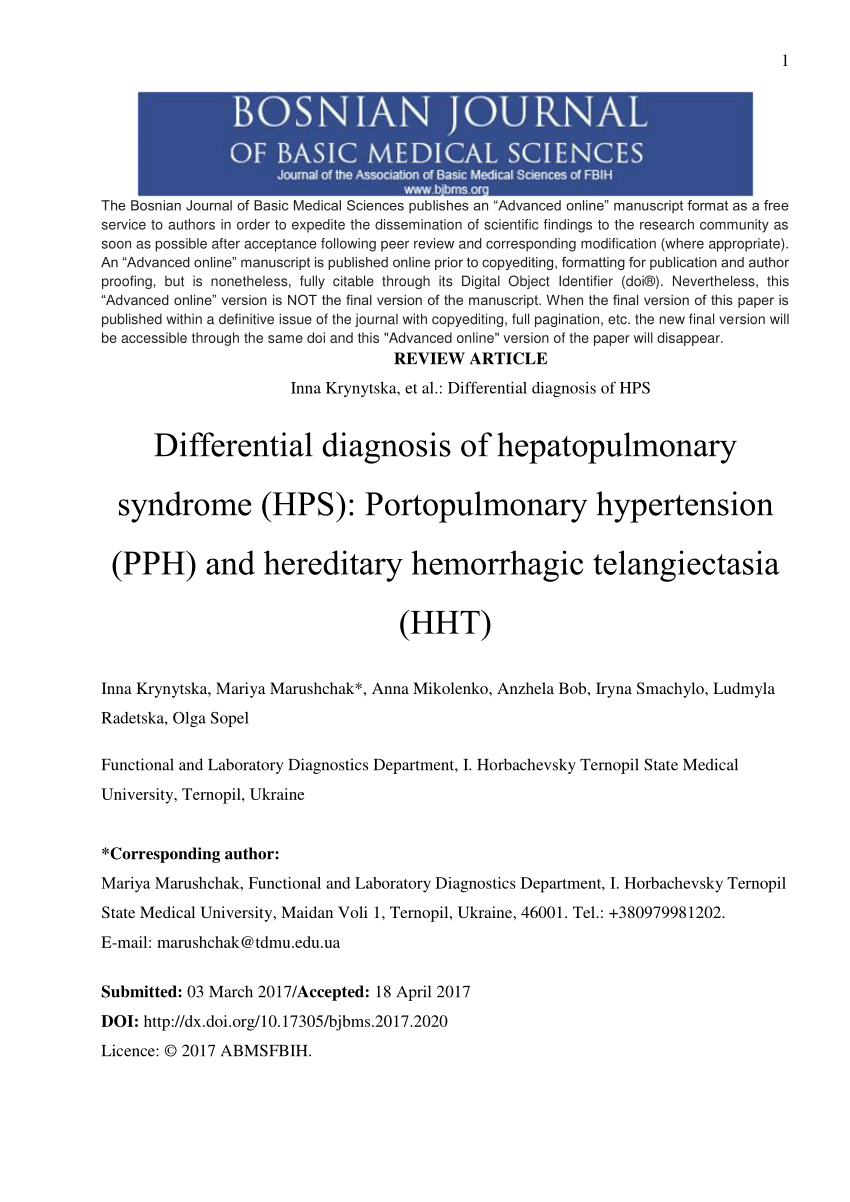 Pdf Differential Diagnosis Of Hepatopulmonary Syndrome Hps Portopulmonary Hypertension Pph And Hereditary Hemorrhagic Telangiectasia Hht