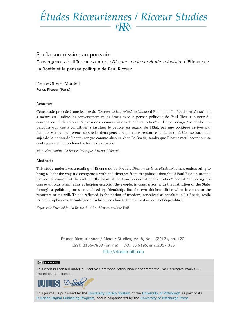 Pdf Sur La Soumission Au Pouvoir Convergences Et Differences Entre Le Discours De La Servitude Volontaire D Etienne De La Boetie Et La Pensee Politique De Paul Ricœur