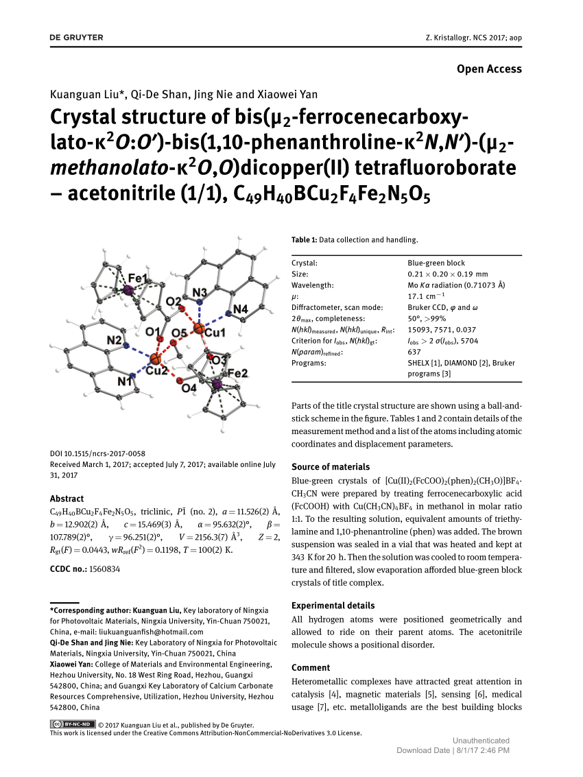 Pdf Crystal Structure Of Bis M2 Ferrocenecarboxylato K2o O Bis 1 10 Phenanthroline K2n N M2 Methanolato K2o O Dicopper Ii Tetrafluoroborate Acetonitrile 1 1 C49h40bcu2f4fe2n5o5