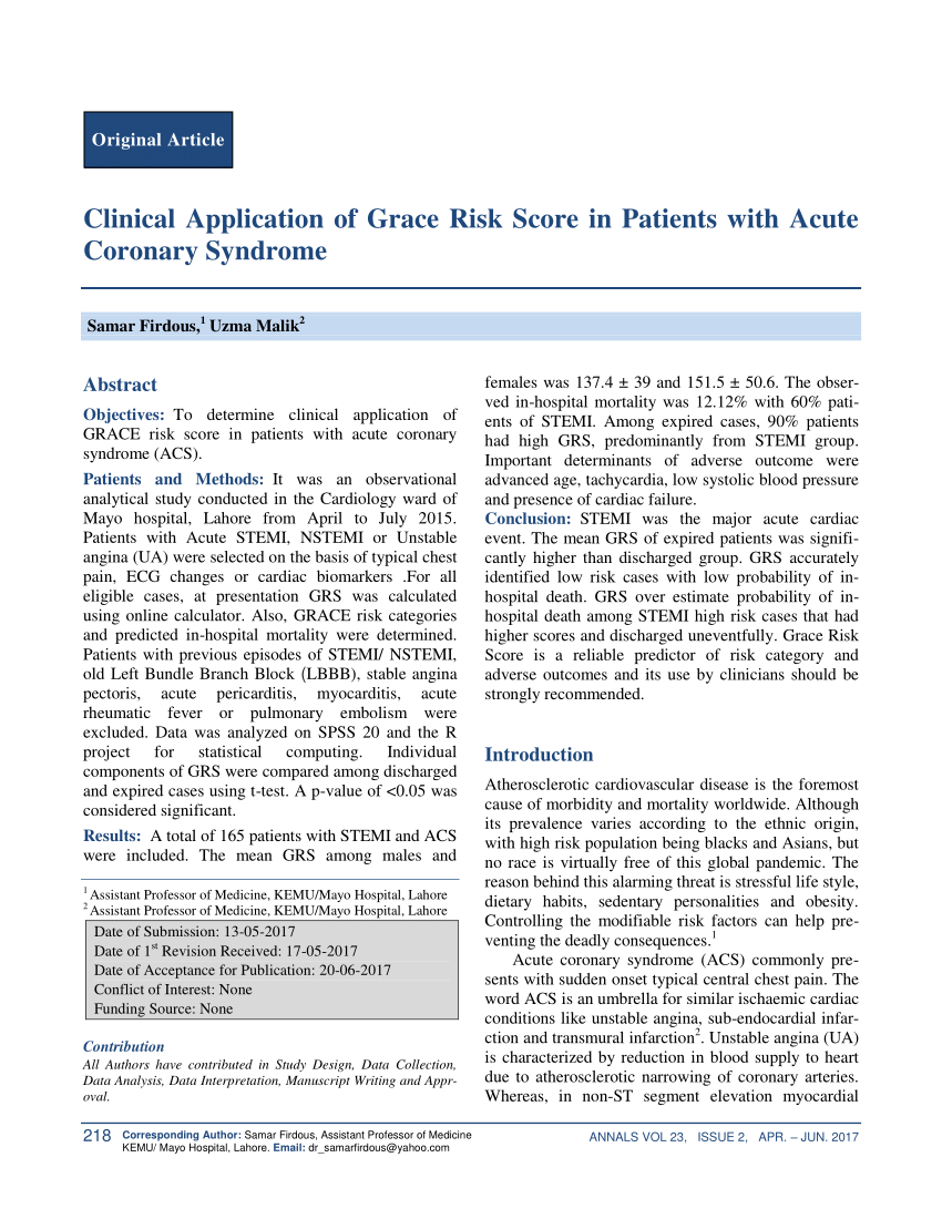 Pdf Clinical Application Of Grace Risk Score In Patients With Acute Coronary Syndrome