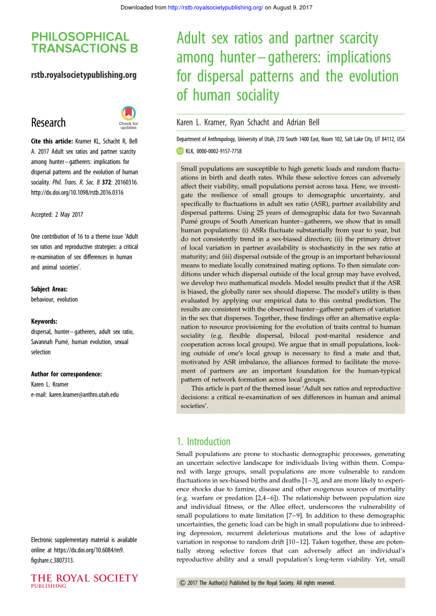 PDF) Adult sex ratios and partner scarcity among hunter–gatherers:  Implications for dispersal patterns and the evolution of human sociality