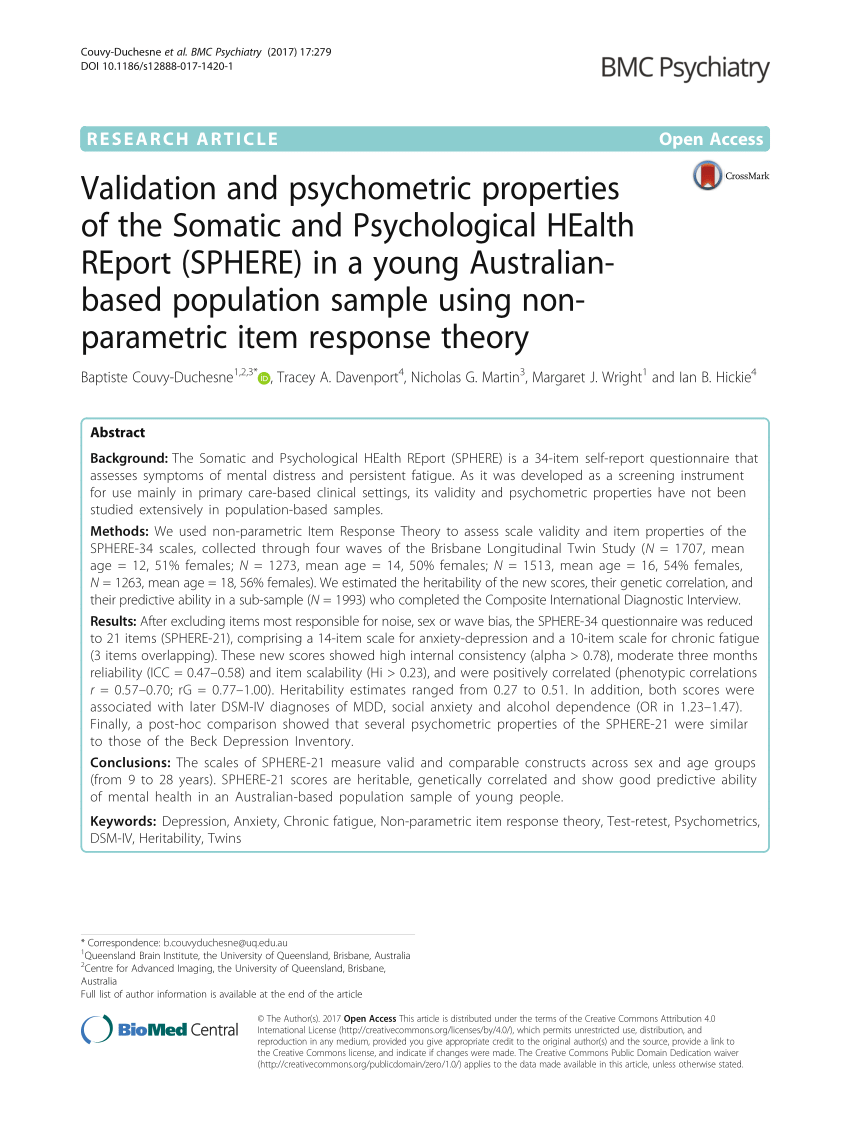 PDF) Validation and psychometric properties of the Somatic and  Psychological HEalth REport (SPHERE) in a young Australian-based population  sample using non-parametric item response theory