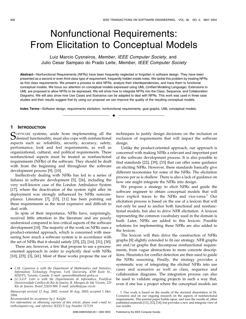 PDF Nonfunctional Requirements From Elicitation to Conceptual Models