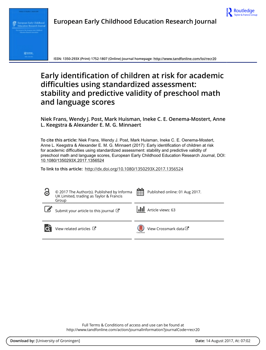PDF) Early identification of children at risk for academic difficulties  using standardized assessment: stability and predictive validity of  preschool math and language scores