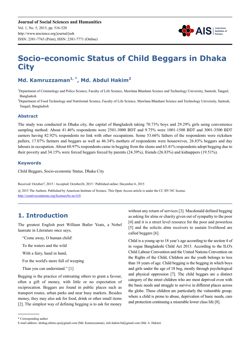Pdf Socio Economic Status Of Child Beggars In Dhaka City