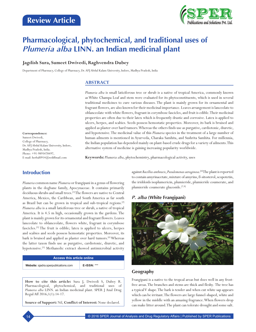 Pdf Pharmacological Phytochemical And Traditional Uses Of Plumeria Alba Linn An Indian Medicinal Plant