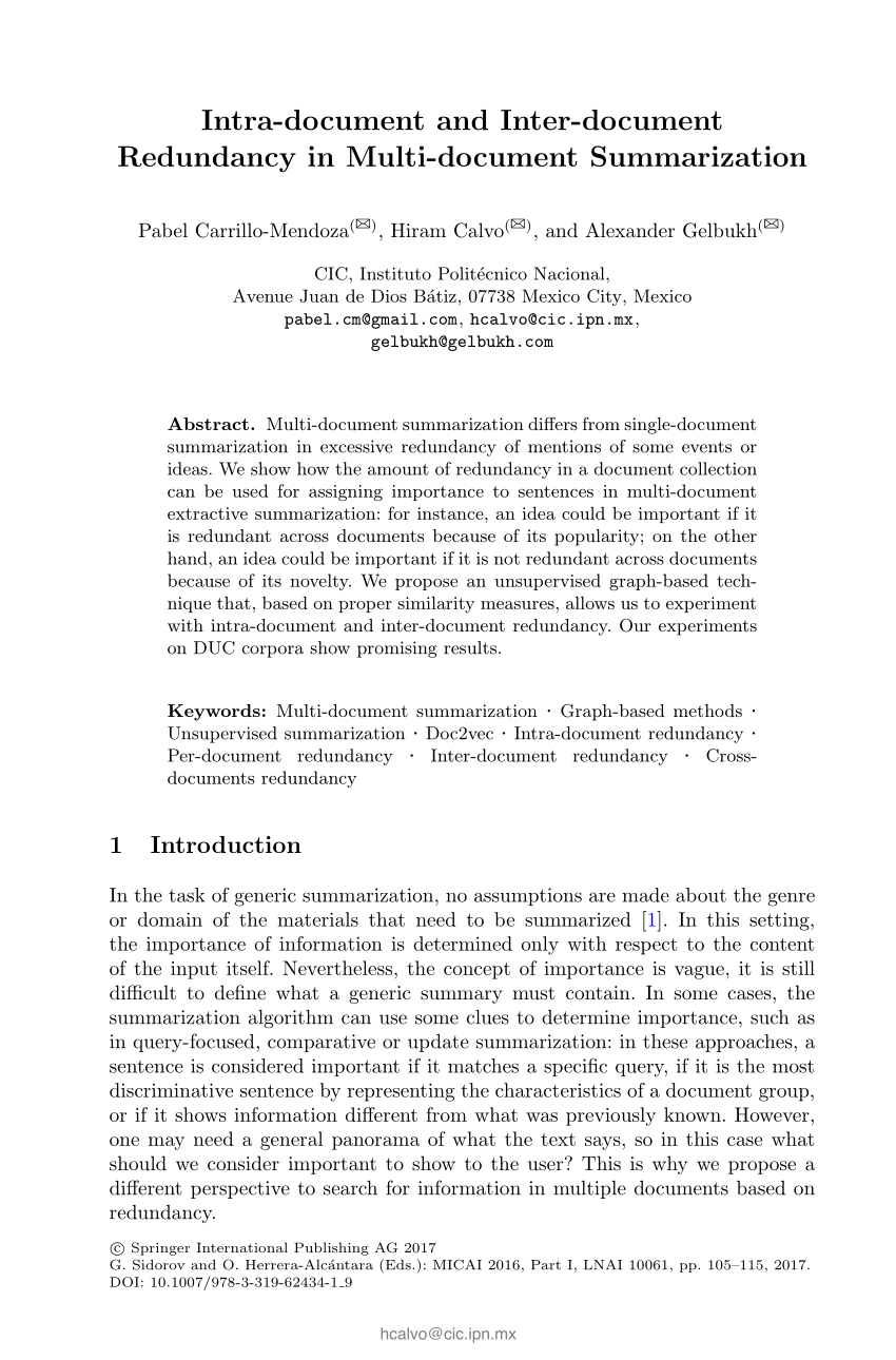 Pdf Intra Document And Inter Document Redundancy In Multi Document Summarization