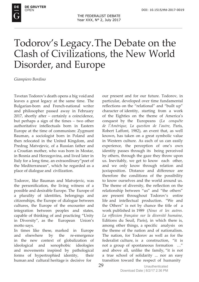 Pdf Todorov S Legacy The Debate On The Clash Of Civilizations The New World Disorder And Europe