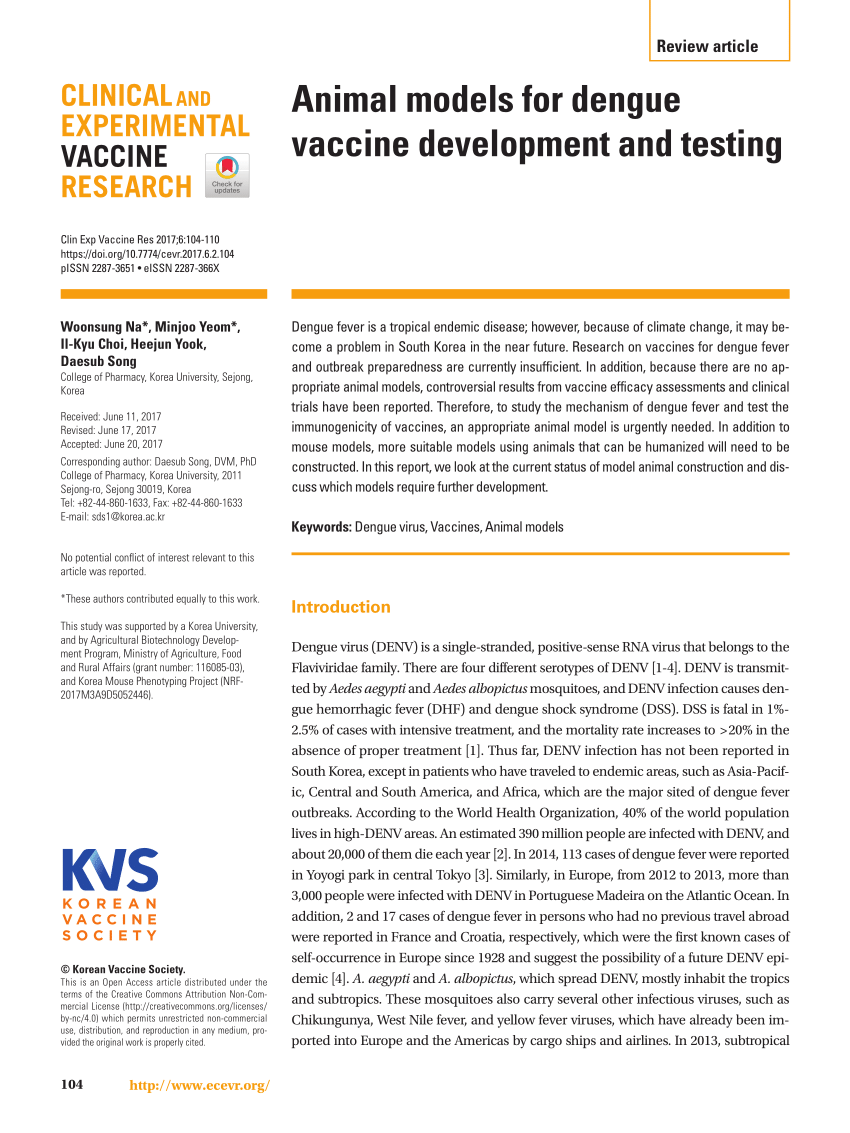 (PDF) Animal models for dengue vaccine development and testing