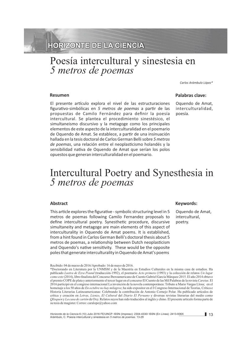 Pdf Poesia Intercultural Y Sinestesia En 5 Metros De Poemas