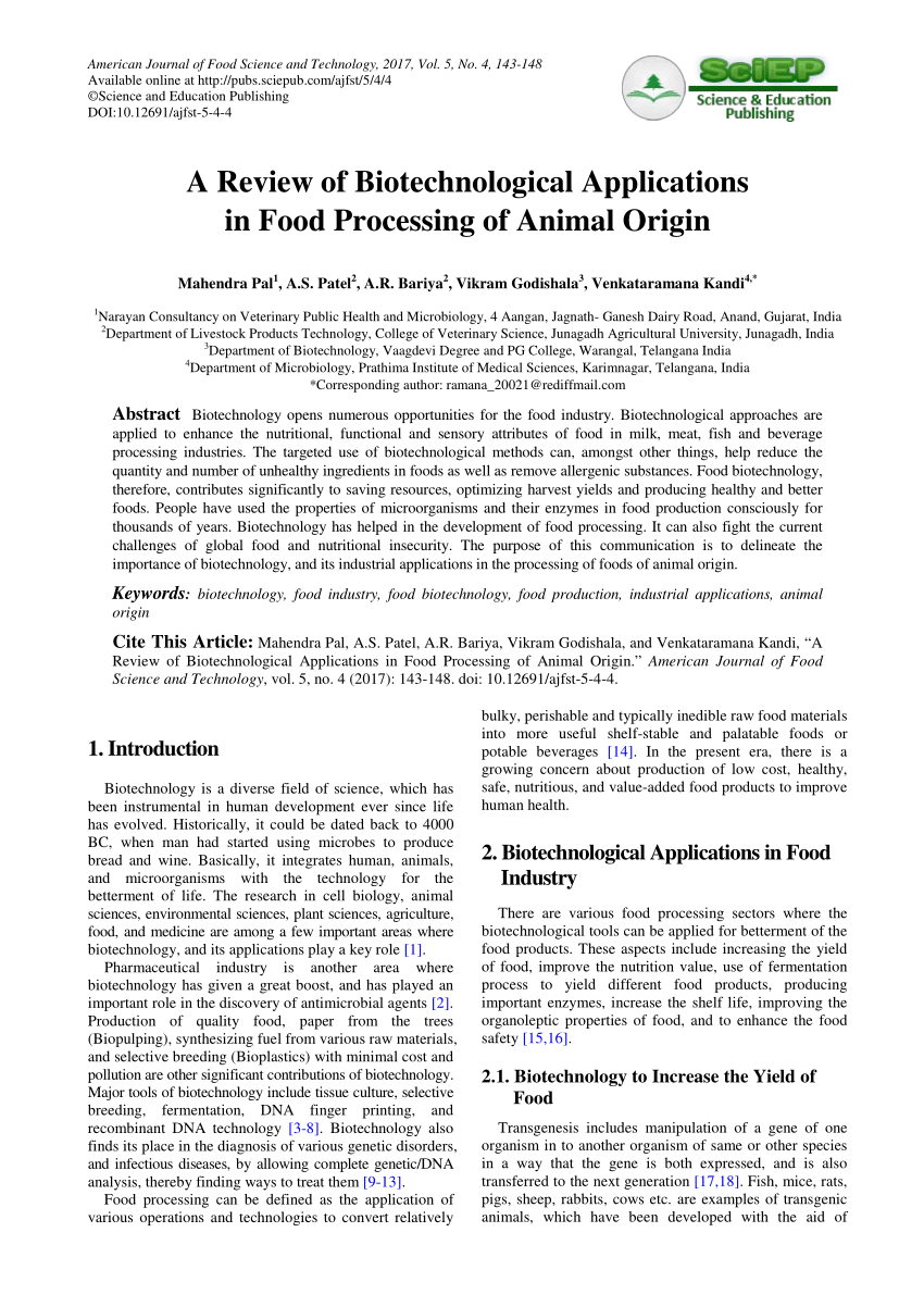 PDF) A Review of Biotechnological Applications in Food Processing of Animal  Origin