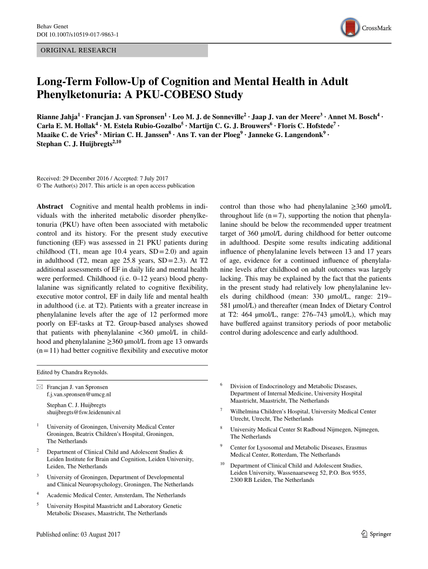 Pdf Long Term Follow Up Of Cognition And Mental Health In Adult Phenylketonuria A Pku Cobeso Study