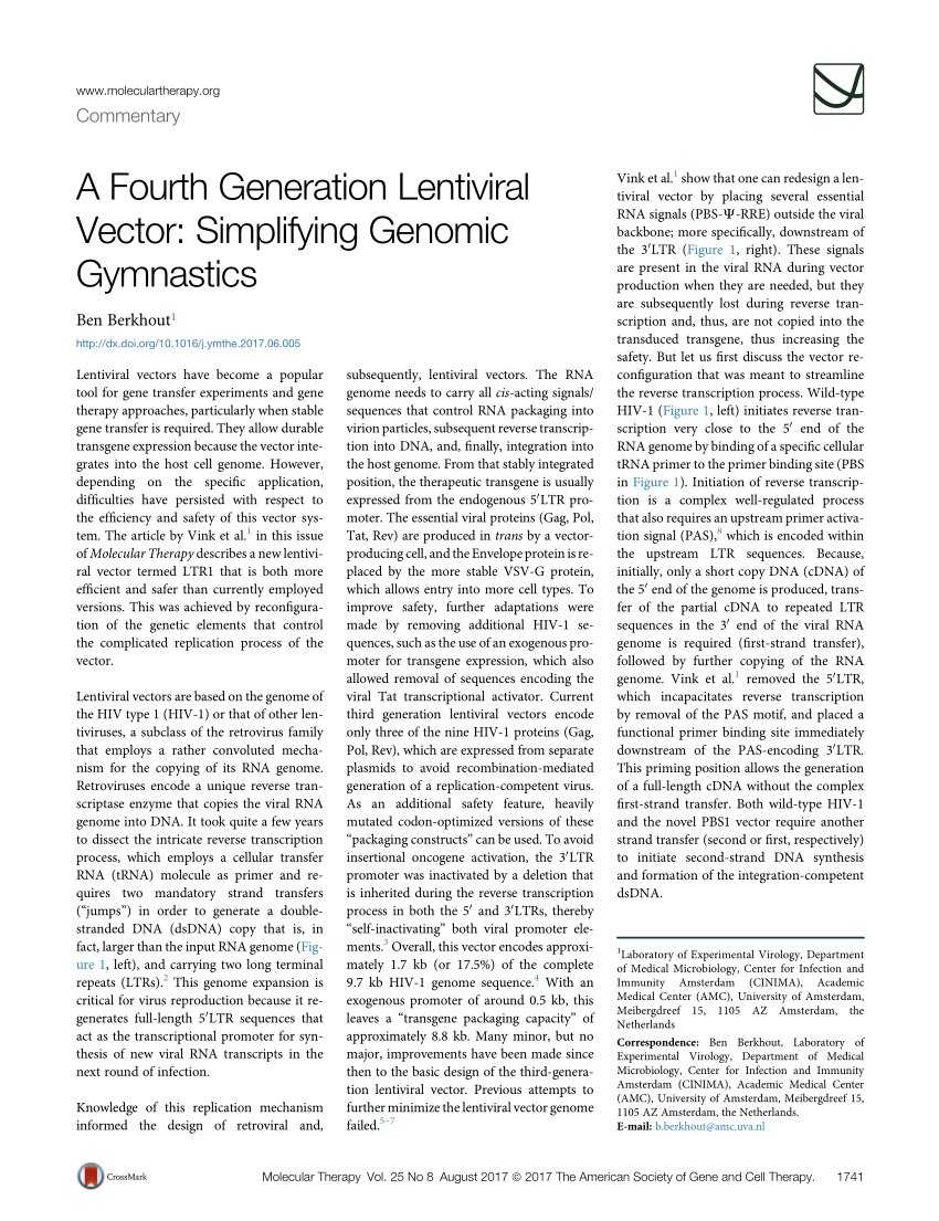 Pdf A Fourth Generation Lentiviral Vector Simplifying Genomic Gymnastics