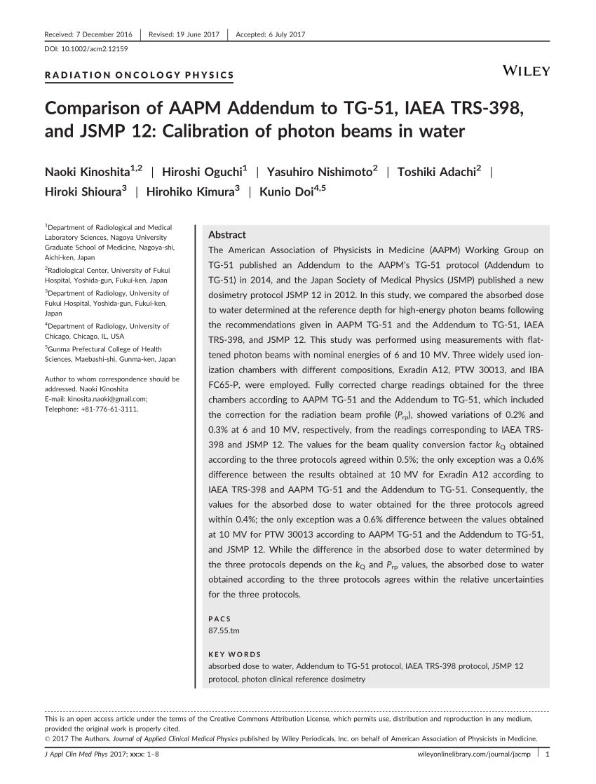 (PDF) Comparison of AAPM Addendum to TG51, IAEA TRS398, and JSMP 12