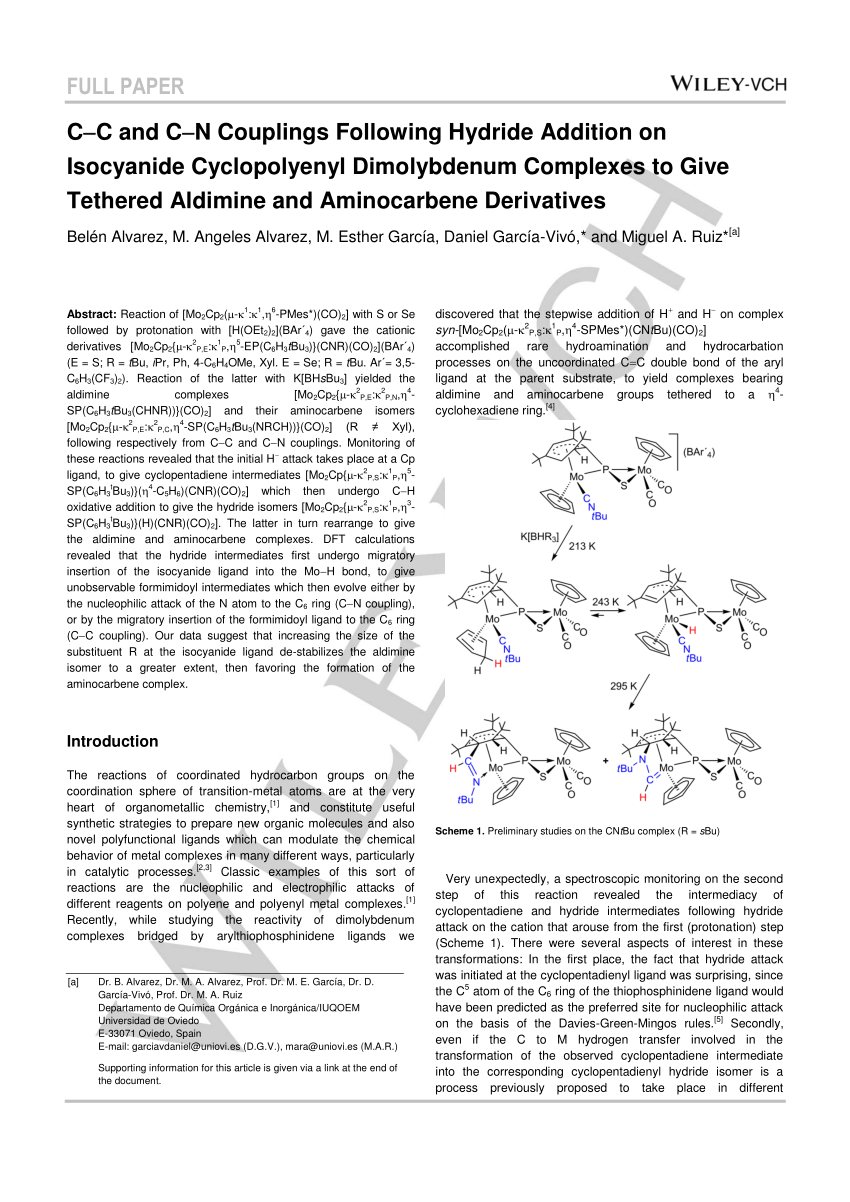 Pdf C C And C N Couplings Following Hydride Addition On Isocyanide Cyclopolyenyl Dimolybdenum Complexes To Give Tethered Aldimine And Aminocarbene Derivatives