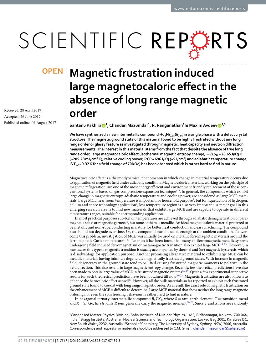 PDF) Magnetic frustration induced large magnetocaloric effect in