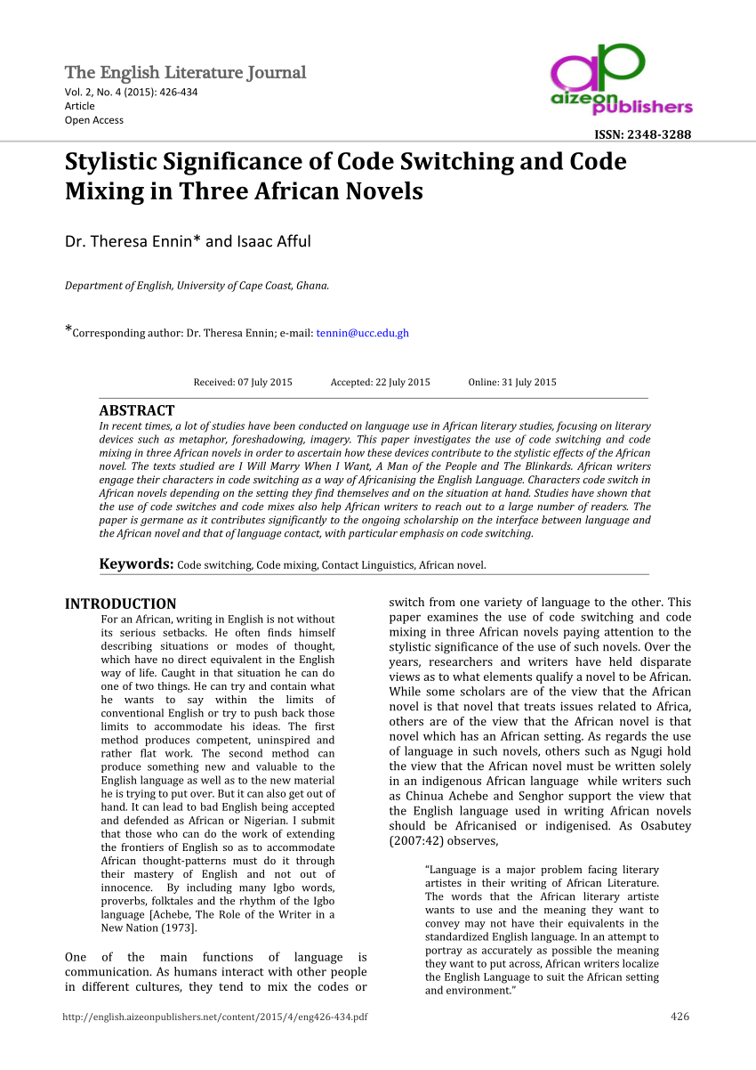 Pdf Stylistic Significance Of Code Switching And Code Mixing In Three African Novels