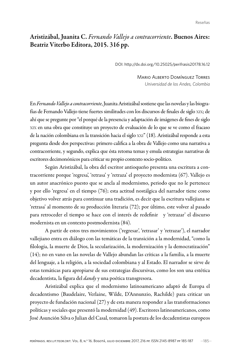(PDF) Aristizábal, Juanita C. Fernando Vallejo a contracorriente ...