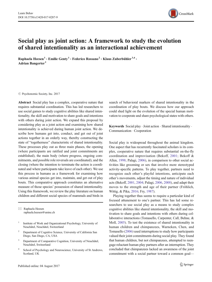 Pdf Social Play As Joint Action A Framework To Study The Evolution Of Shared Intentionality As An Interactional Achievement