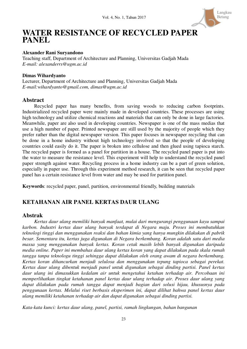 Pdf Water Resistance Of Recycled Paper Panel