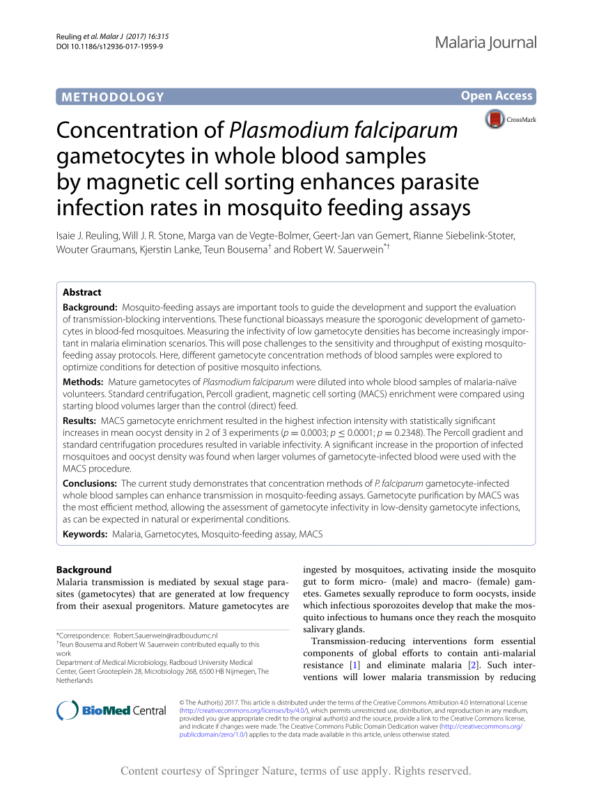 PDF) Concentration of Plasmodium falciparum gametocytes in whole ...