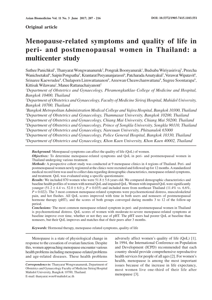 PDF) Menopause-related symptoms and quality of life in peri-and postmenopausal  women in Thailand: A multicenter study