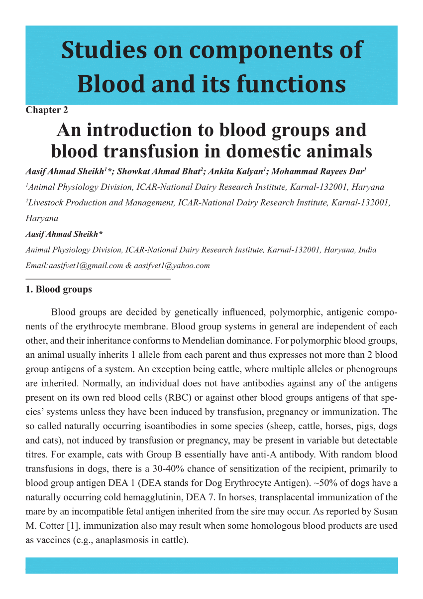PDF) An introduction to blood groups and blood transfusion in domestic  animals.