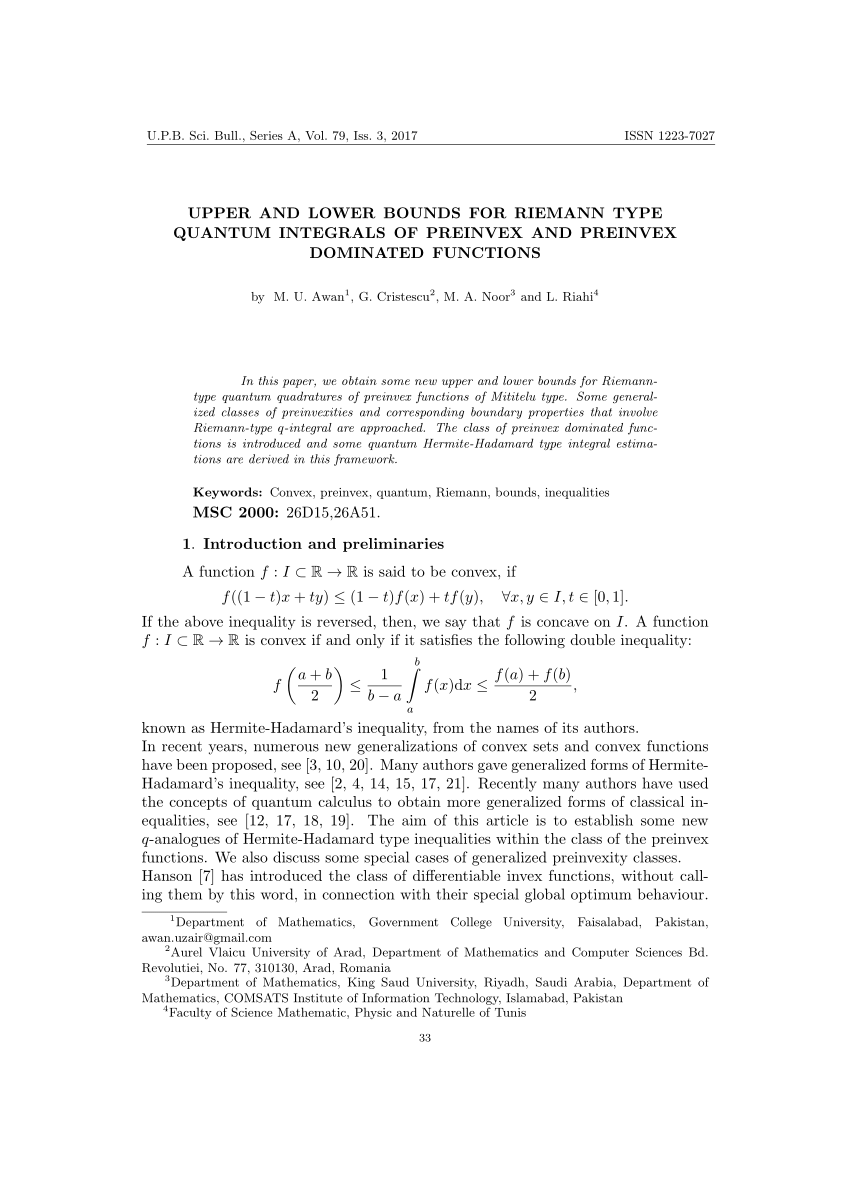 Pdf Upper And Lower Bounds For Riemann Type Quantum Integrals Of Preinvex And Preinvex Dominated Functions